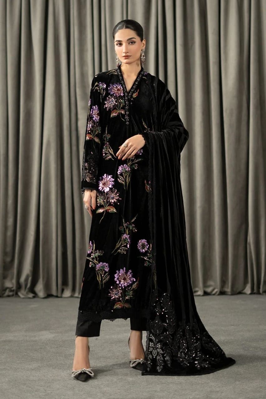 Black Velvet Floral Embroidered Suit