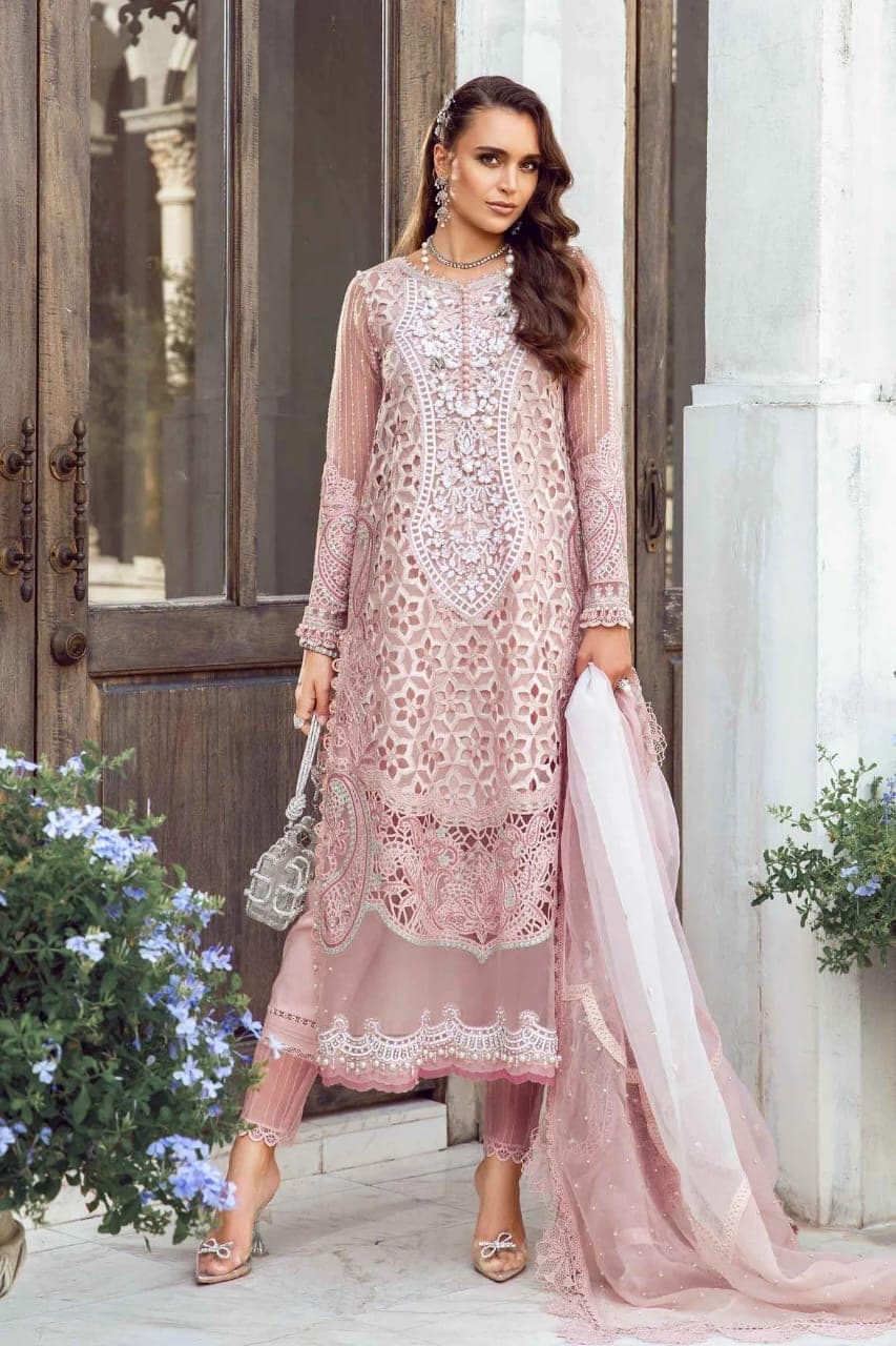 Peach Pink Embroidered Organza Suit