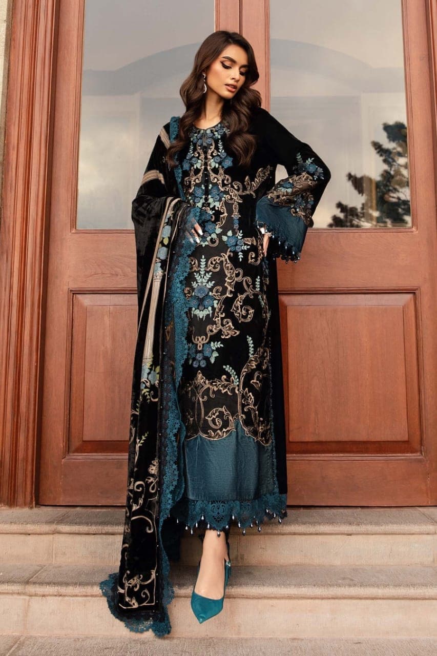 Black & Teal Velvet Embroidered Suit