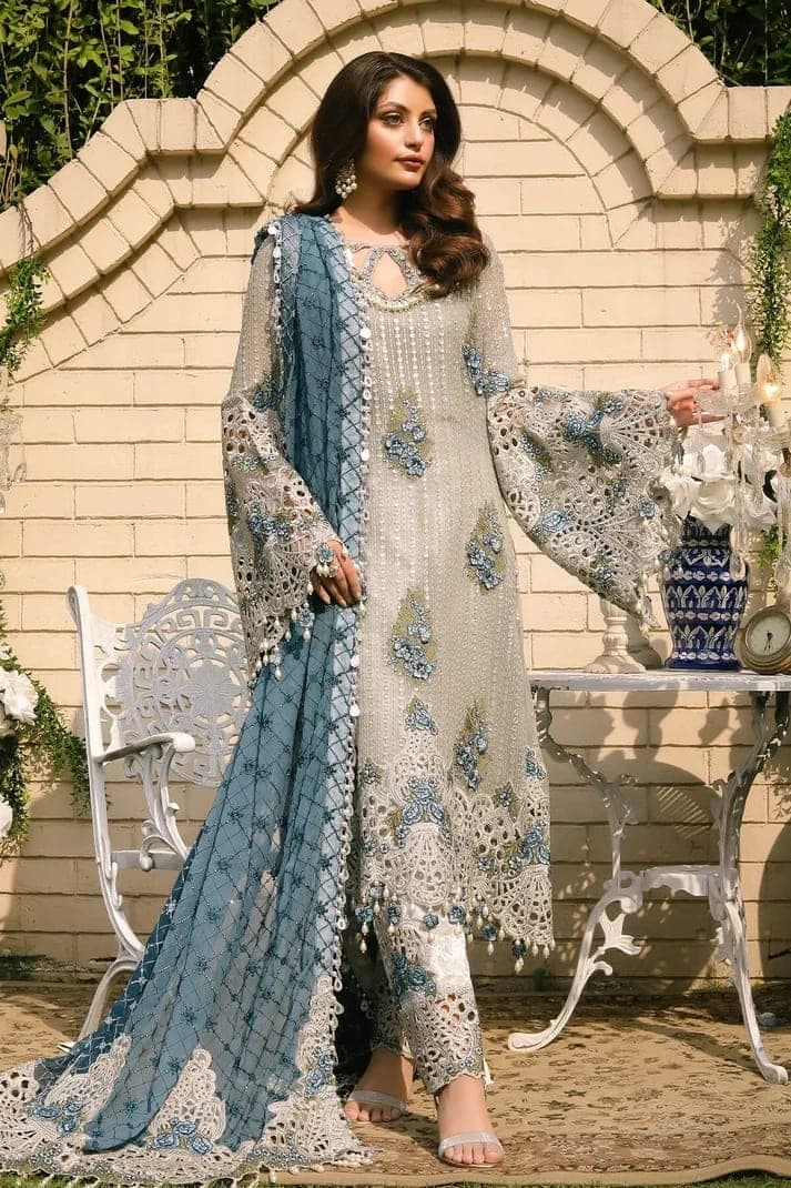 Powder Blue Embroidered Net Suit