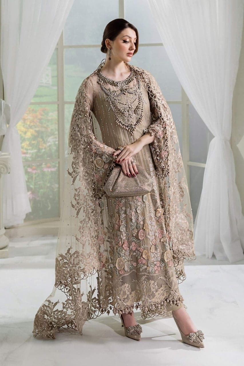 Taupe Embroidered Net Suit