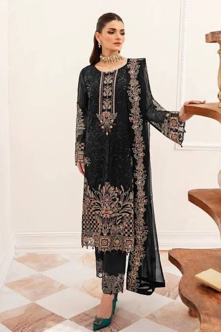 Black Chiffon Gold Embroidered Suit