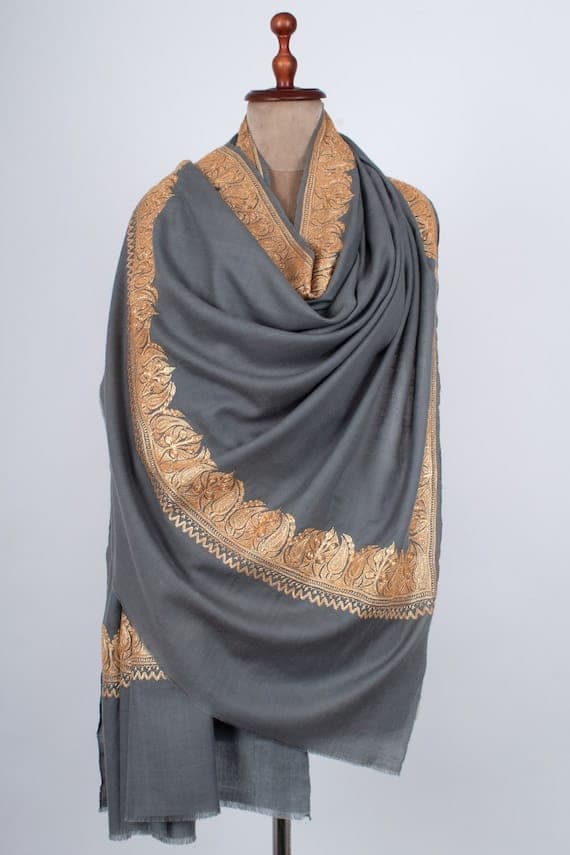 Grey Pashmina Shawl with Tilla Border