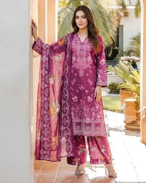 Plum Printed Embroidered Lawn 3 Piece