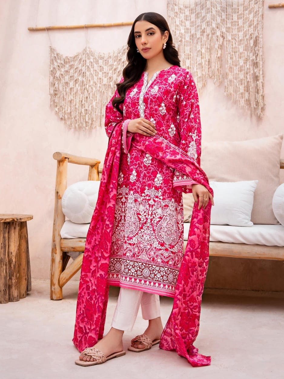 Hot Pink Block Print Lawn 3 Piece